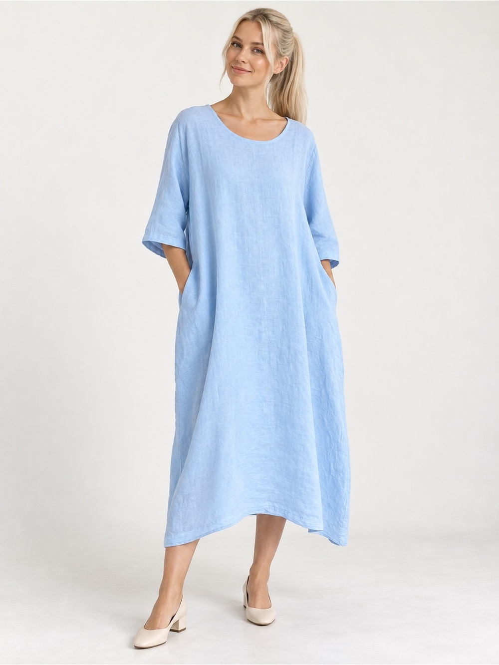 IT031 🇮🇹 Made in Italy 100% Linen Relaxed Midi Dress with Pockets